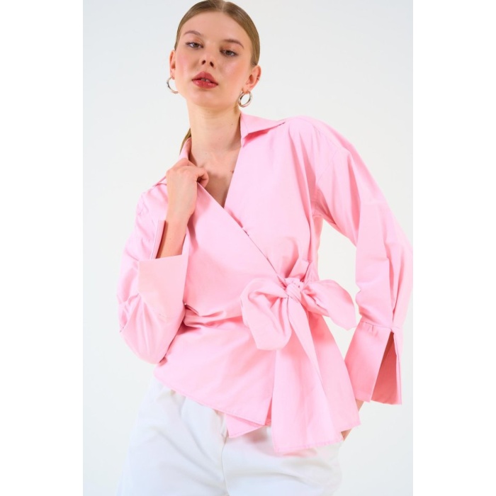 Düz Yandan Bağlamalı Gömlek - Pembe