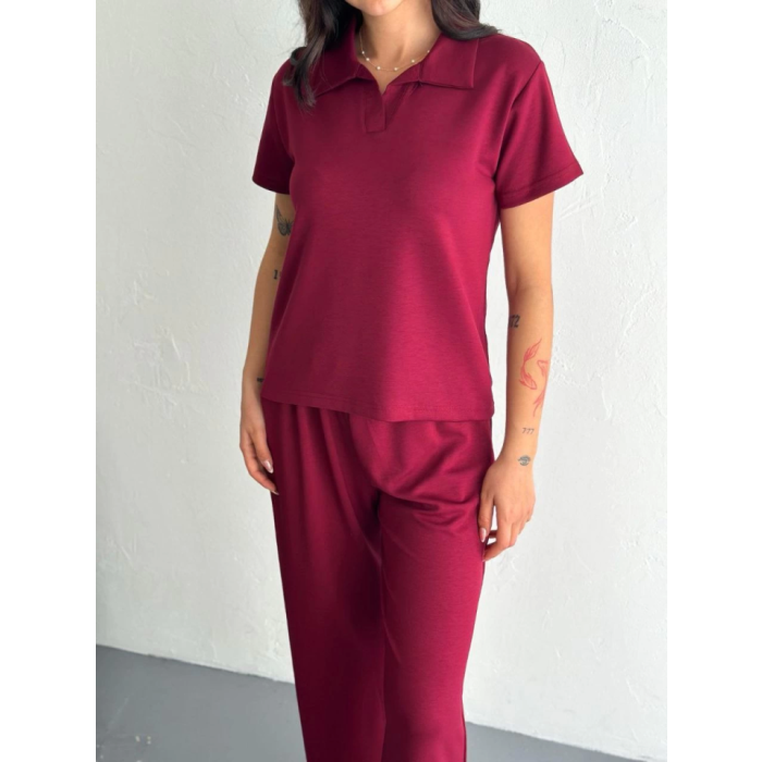 Osy Modal Yumuşak Dokulu Kumaş Kısa Kollu Yakalı T-shirt Pantalon Ikili Takım- Bordo