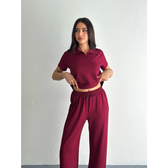 Osy Modal Yumuşak Dokulu Kumaş Kısa Kollu Yakalı T-shirt Pantalon Ikili Takım- Bordo