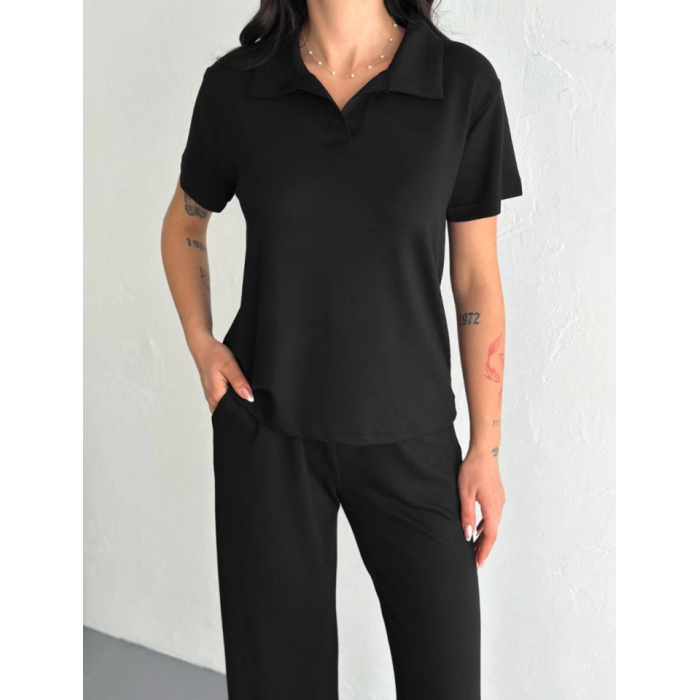 Osy Modal Yumuşak Dokulu Kumaş Kısa Kollu Yakalı T-shirt Pantalon Ikili Takım- Siyah