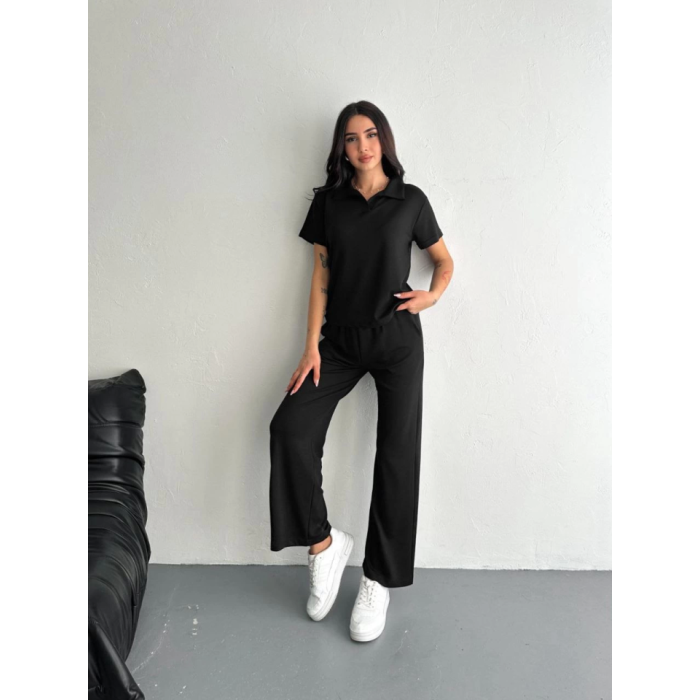 Osy Modal Yumuşak Dokulu Kumaş Kısa Kollu Yakalı T-shirt Pantalon Ikili Takım- Siyah