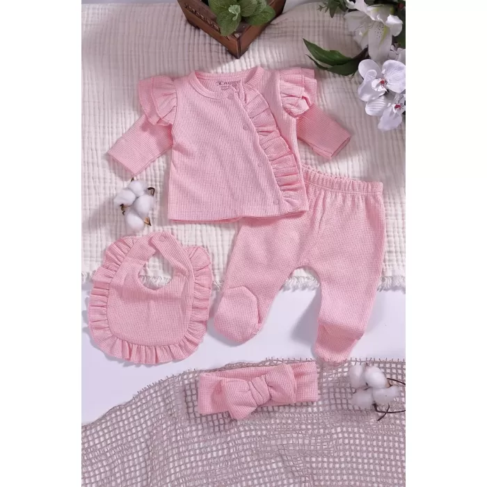 Omuzdan Fırfır Detaylı 5 Parça %100 Pamuk Kız Hastane Çıkışı