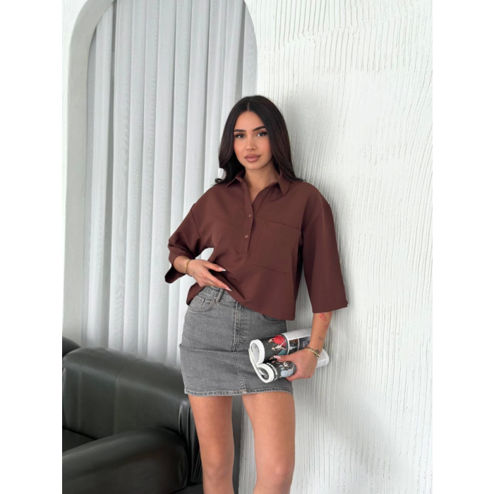Crop Yakalı Gömlek Üç Çeyrek Sleeve Kol - Kahverengi