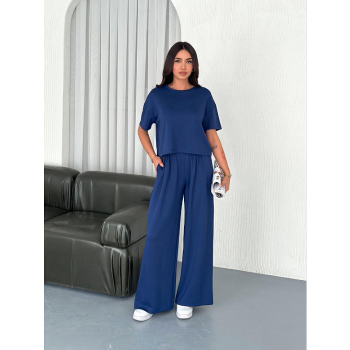 Osy Modal Yumuşak Dokulu Kumaş Bisiklet Yaka T-shirt Bol Paça Pantalon Ikili Takım -Saks Mavi