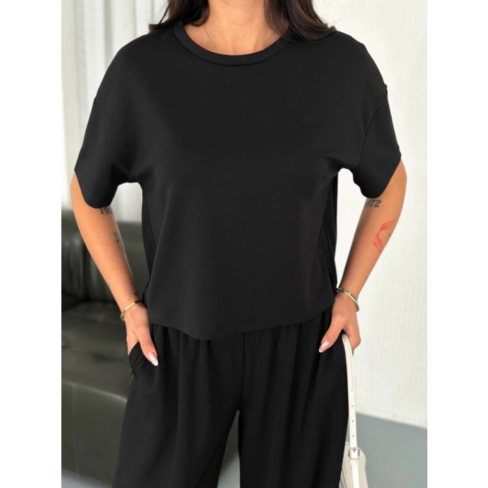 Osy Modal Yumuşak Dokulu Kumaş Bisiklet Yaka T-shirt Bol Paça Pantalon Ikili Takım -Siyah
