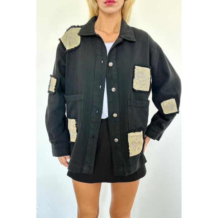Siyah Gabardin Arma Detaylı Gömlek Ceket
