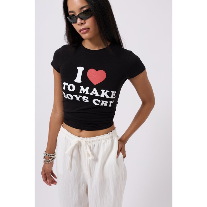 Nakış Detay Baskılı Crop T-Shirt