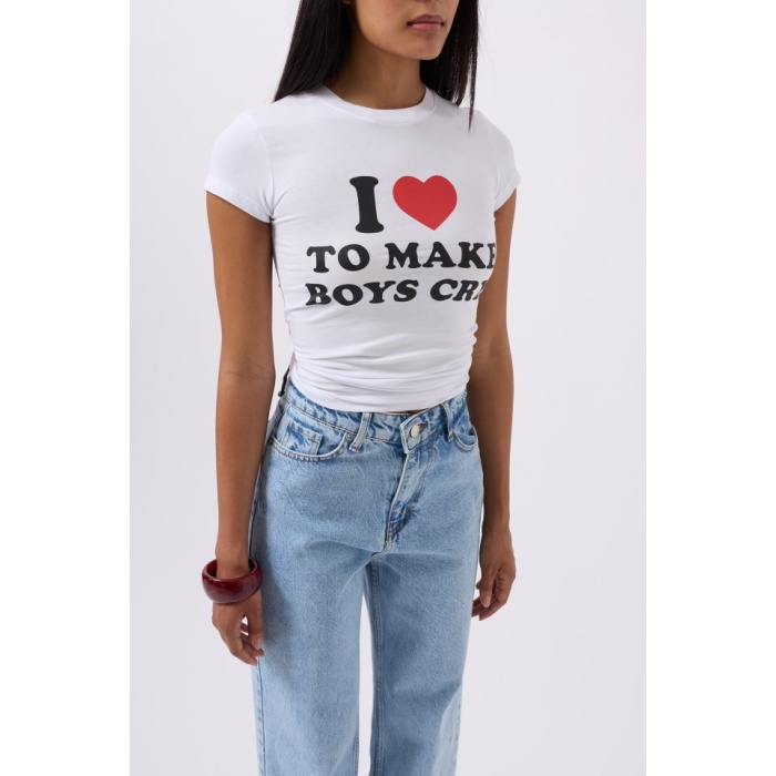Nakış Detay Baskılı Crop T-Shirt