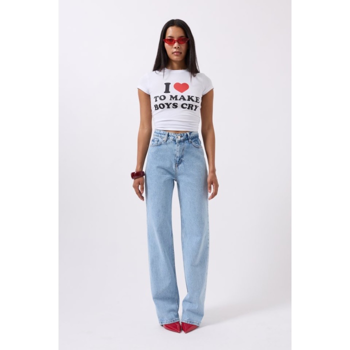Nakış Detay Baskılı Crop T-Shirt