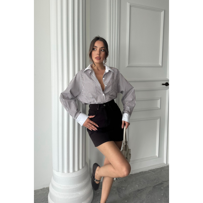 YAKA VE MANŞET BEYAZ  BOYFRİEND ÇİZGİLİ  POPLİN GÖMLEK - Kahverengi
