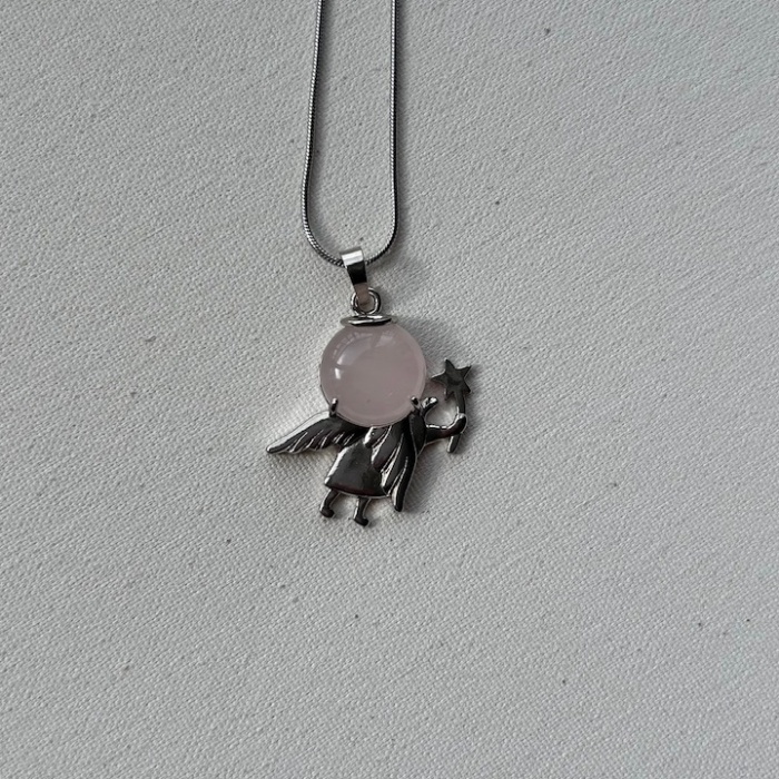 Pembe kuvars küçük prens çelik kolye