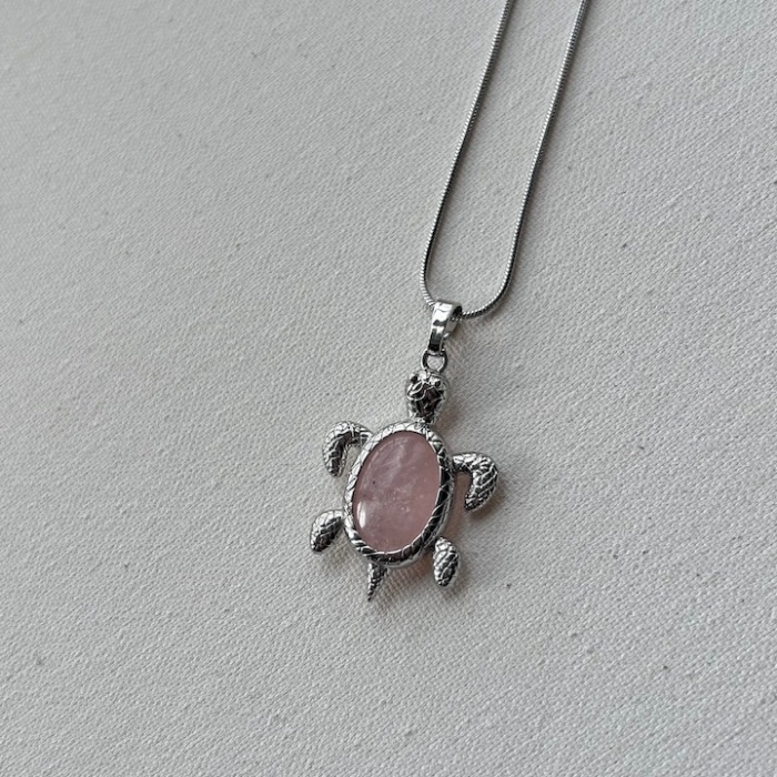 Pembe kuvars Çelik kolye