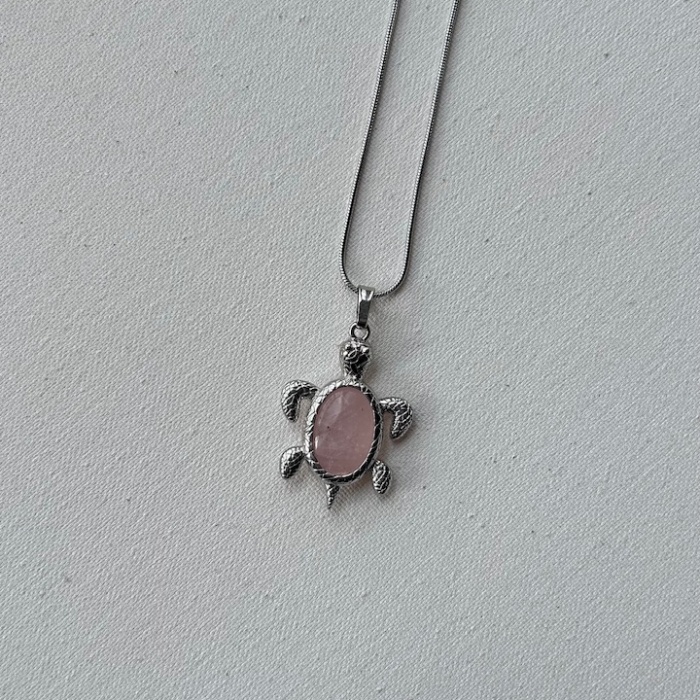 Pembe kuvars Çelik kolye