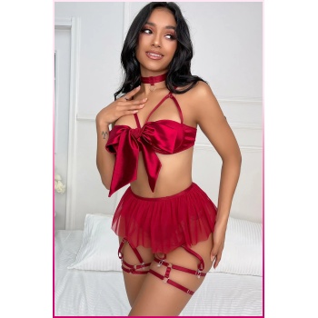 Kırmızı Saten Fiyonk Detaylı Özel Tasarım İç Giyim Seti