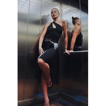 Püsküllü Deri Etek, Şık Deri Etek, Uzun Deri Etek, Siyah Deri Etek - APFT637