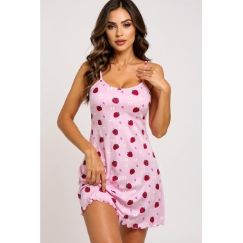 Pembe Çilek Desenli Askılı Kadın Gecelik