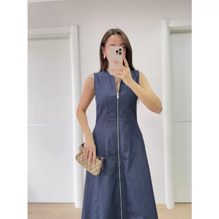 Jeans Kot Önü Tam Fermuarlı Kadın Uzun Elbise - Mavi