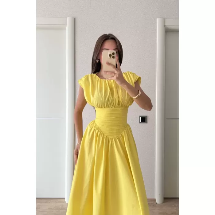 Kadın Kolsuz Bel Detaylı Yazlık Poplin Kumaş Uzun Elbise - Sarı