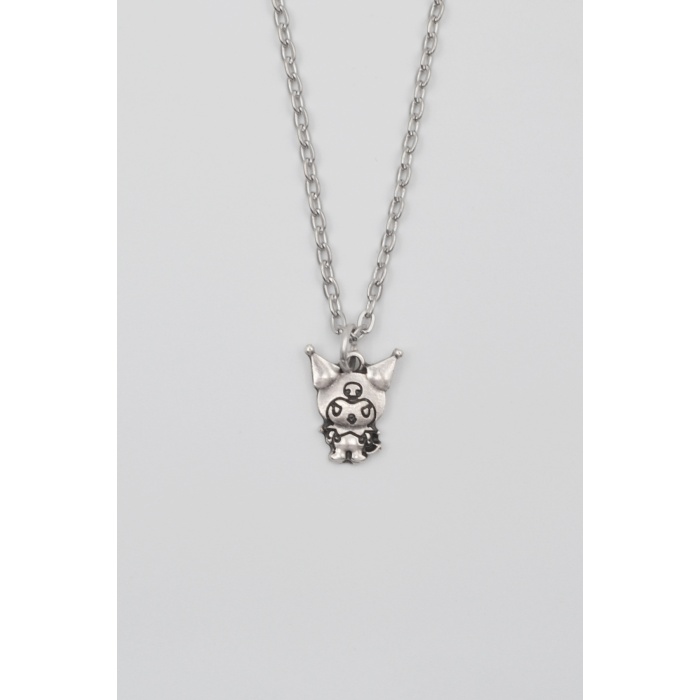 Sanrio Kuromi Kolye - Düz Ezme İthal Zincirli Unisex Gümüş Kaplama - 60 cm