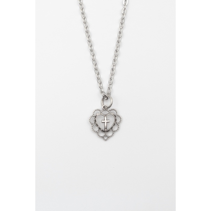 Modern Kalp İçinde Haç Kolye - Düz Ezme İthal Zincirli Unisex Gümüş Kaplama - 60 cm
