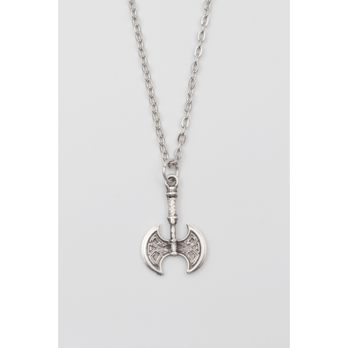 Modern Viking Balta Kolye - Düz Ezme İthal Zincirli Unisex Gümüş Kaplama - 60 cm