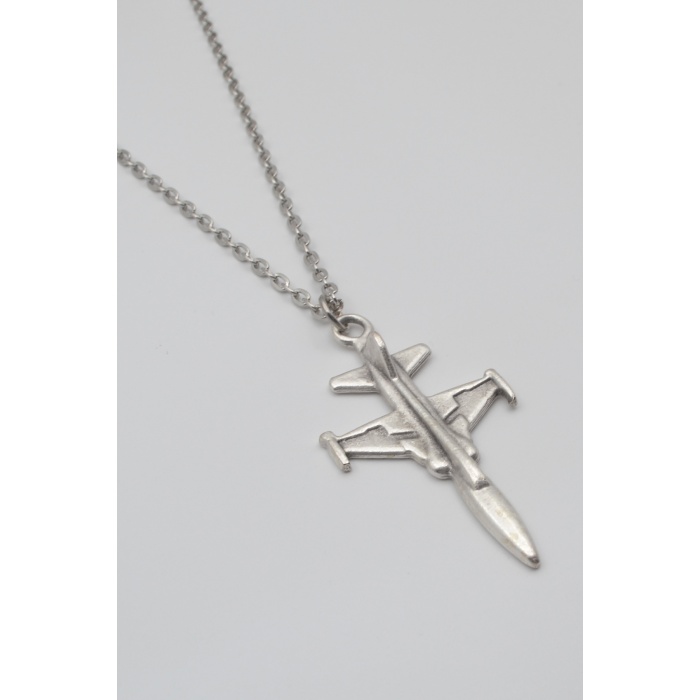 Modern F-5 Tiger Uçak Kolye - Düz Ezme İthal Zincirli Unisex Gümüş Kaplama - 60 cm