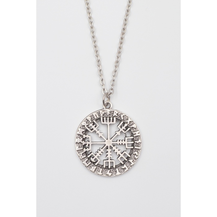 Viking Pusula Kolye (Vegvisir) - Düz Ezme İthal Zincirli Unisex Gümüş Kaplama - 60 cm