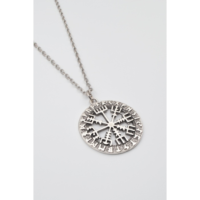 Viking Pusula Kolye (Vegvisir) - Düz Ezme İthal Zincirli Unisex Gümüş Kaplama - 60 cm