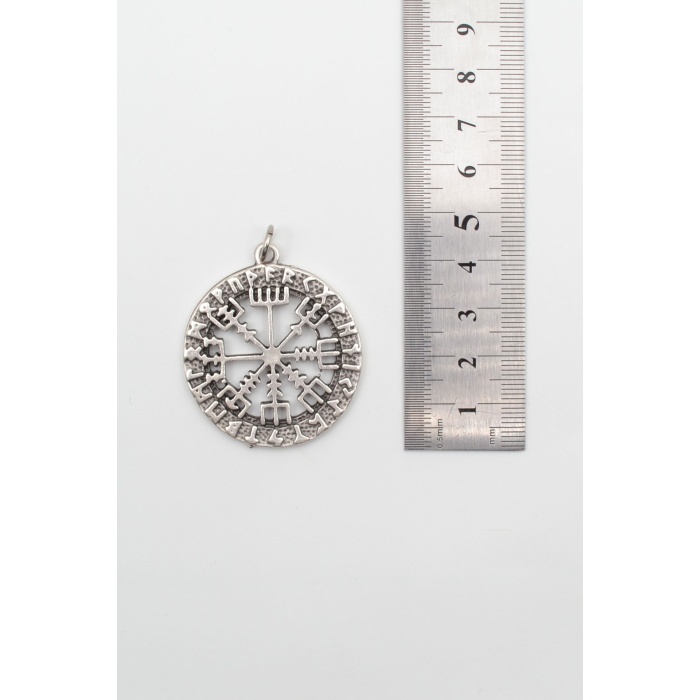 Viking Pusula Kolye (Vegvisir) - Düz Ezme İthal Zincirli Unisex Gümüş Kaplama - 60 cm