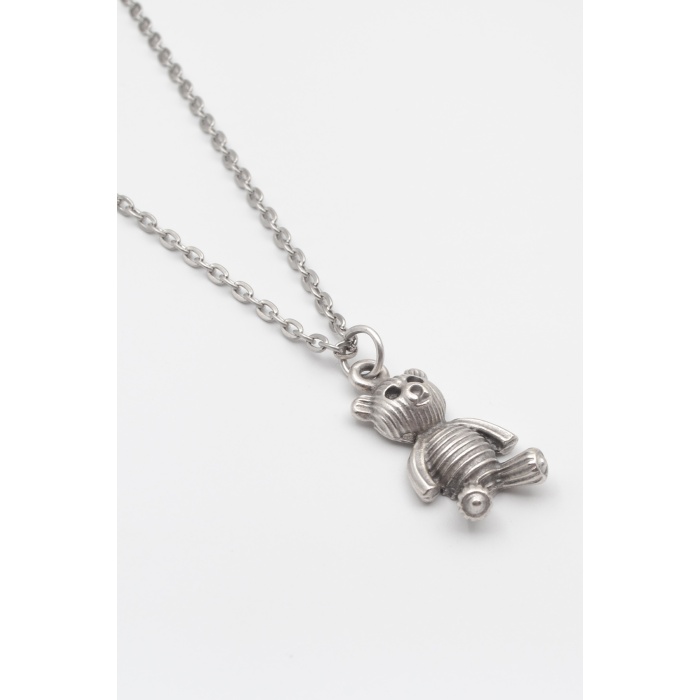 Oyuncak Ayı Düz Ezme Zincir Kolye - Antik Gümüş Kaplama - Kadın Erkek - 60 cm