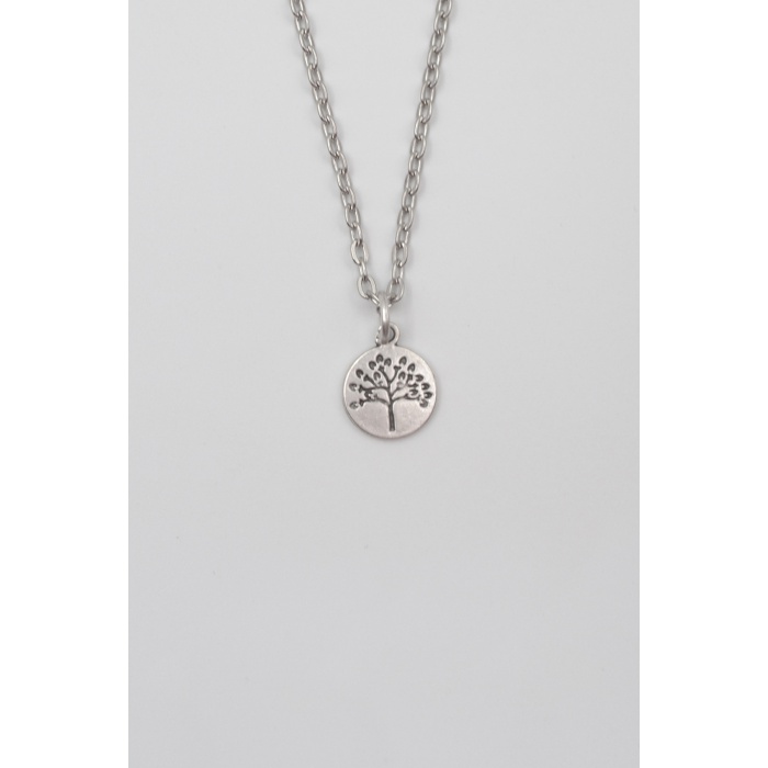Yuvarlak Hayat Ağacı Düz Ezme Zincir Kolye - Antik Gümüş Kaplama - Kadın Erkek - 60 cm