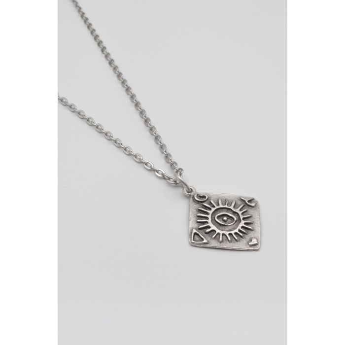 Güneş ve Göz Sembollü Düz Ezme Zincir Kolye - Antik Gümüş Kaplama - Kadın Erkek - 60 cm