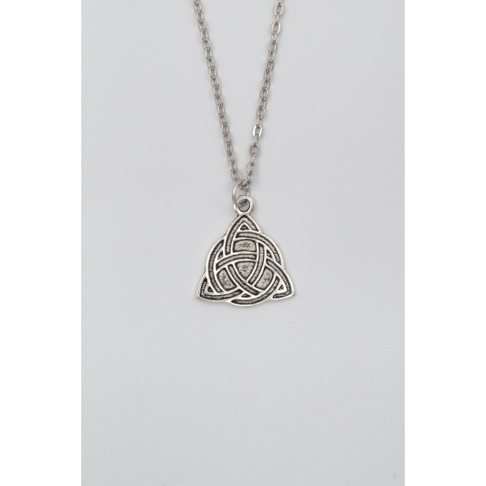 Triquetra - Kelt Düğümü Düz Ezme Zincir Kolye - Antik Gümüş Kaplama - Kadın Erkek - 60 cm