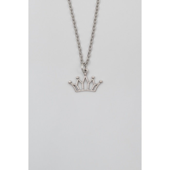 Taç Düz Ezme Zincir Kolye - Antik Gümüş Kaplama - Kadın Erkek - 60 cm