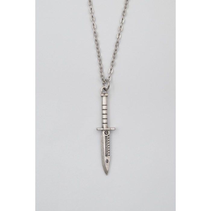 Testere Dişli Taktik Bıçak Düz Ezme Zincir Kolye - Antik Gümüş Kaplama - Kadın Erkek - 60 cm