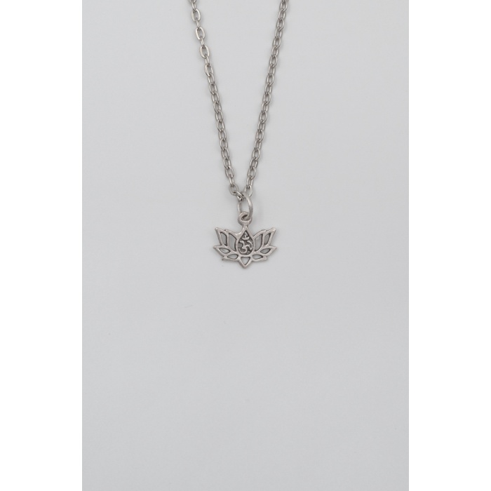 Minimal Om Sembollü Lotus Çiçeği Düz Ezme Zincir Kolye - Antik Gümüş Kaplama - Kadın Erkek - 60 cm