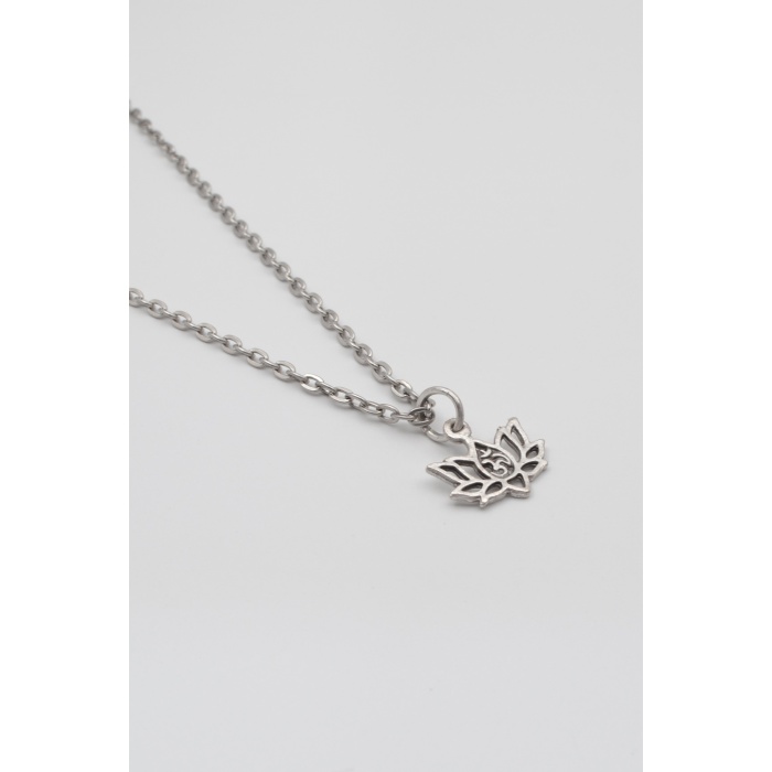 Minimal Om Sembollü Lotus Çiçeği Düz Ezme Zincir Kolye - Antik Gümüş Kaplama - Kadın Erkek - 60 cm