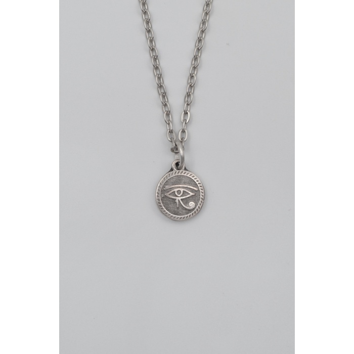 Horusun Gözü Düz Ezme Zincir Kolye - Antik Gümüş Kaplama - Kadın Erkek - 60 cm