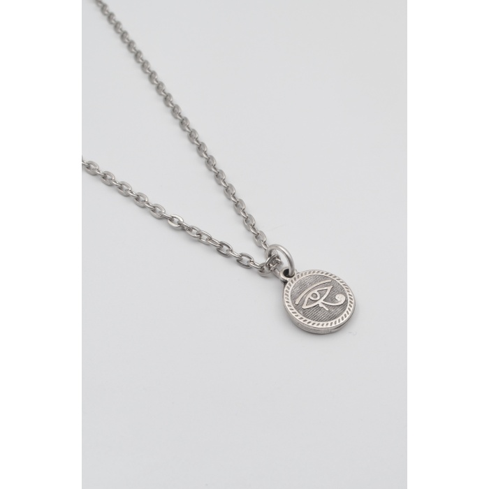 Horusun Gözü Düz Ezme Zincir Kolye - Antik Gümüş Kaplama - Kadın Erkek - 60 cm