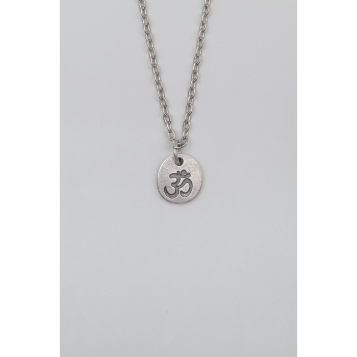 Om Aum Sembolü Düz Ezme Zincir Kolye - Antik Gümüş Kaplama - Kadın Erkek - 60 cm