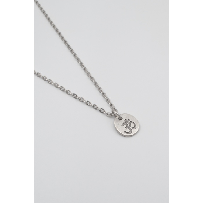 Om Aum Sembolü Düz Ezme Zincir Kolye - Antik Gümüş Kaplama - Kadın Erkek - 60 cm
