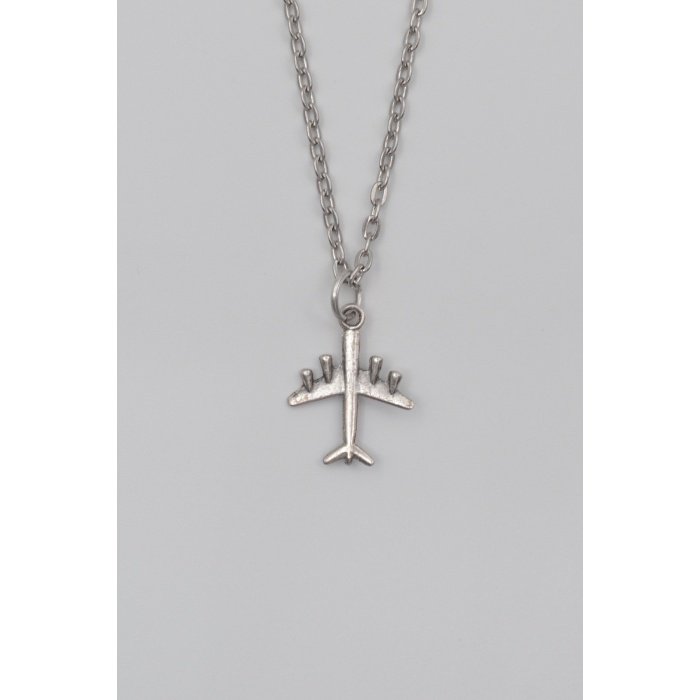 Küçük Uçak Düz Ezme Zincir Kolye - Antik Gümüş Kaplama - Kadın Erkek - 60 cm