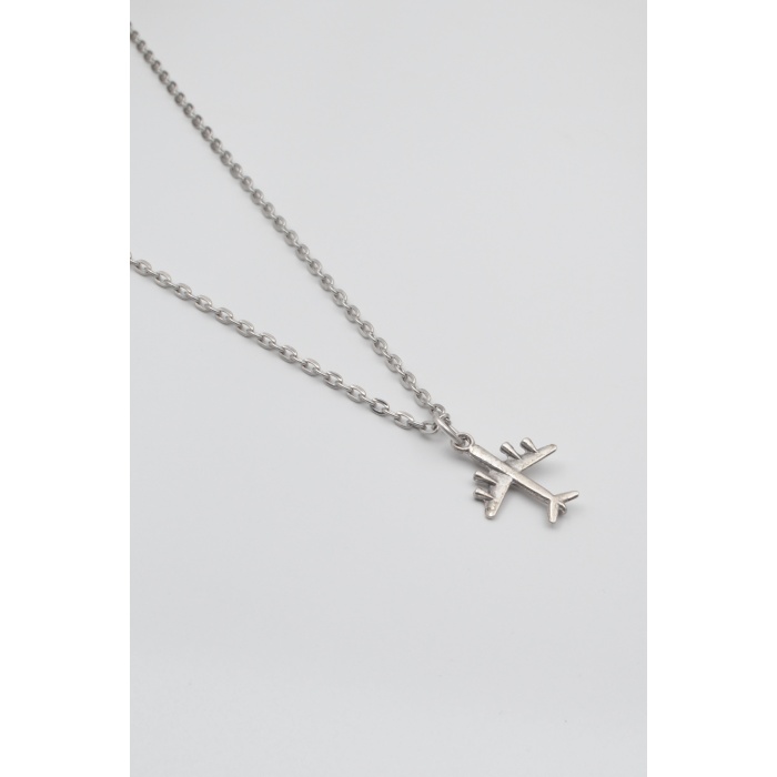 Küçük Uçak Düz Ezme Zincir Kolye - Antik Gümüş Kaplama - Kadın Erkek - 60 cm