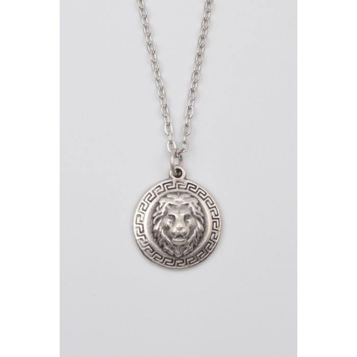 Kabartmalı Aslan Madalyon Kolye - Düz Ezme İthal Zincirli Unisex Gümüş Kaplama - 60 cm
