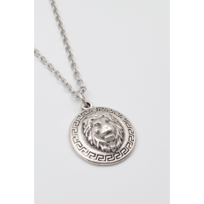 Kabartmalı Aslan Madalyon Kolye - Düz Ezme İthal Zincirli Unisex Gümüş Kaplama - 60 cm