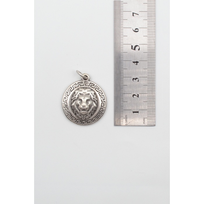 Kabartmalı Aslan Madalyon Kolye - Düz Ezme İthal Zincirli Unisex Gümüş Kaplama - 60 cm