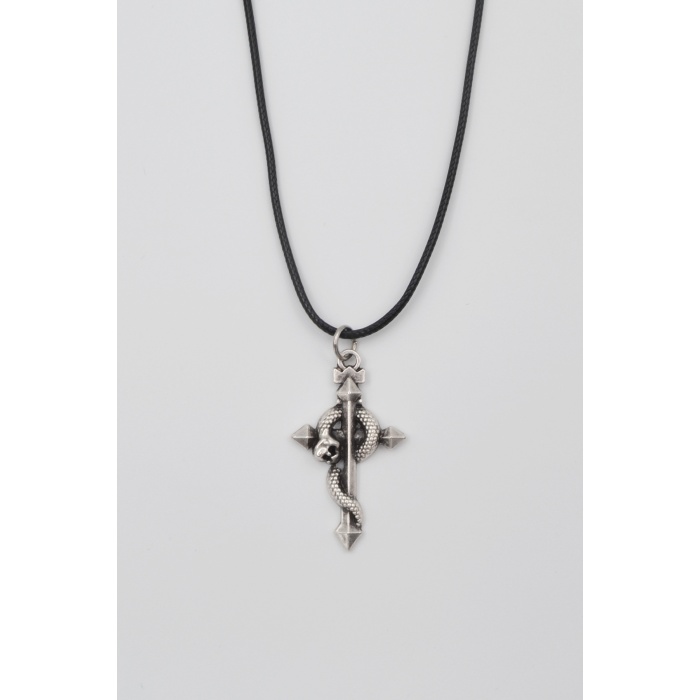 Yılan Sarılı Haç Kolye - PU Deri İp Zincirli Unisex Gümüş Kaplama - 60 cm