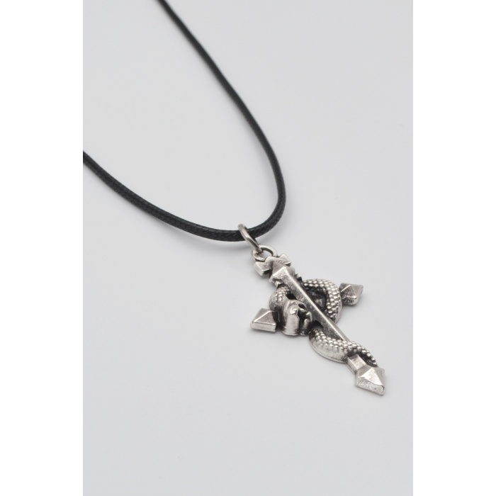Yılan Sarılı Haç Kolye - PU Deri İp Zincirli Unisex Gümüş Kaplama - 60 cm