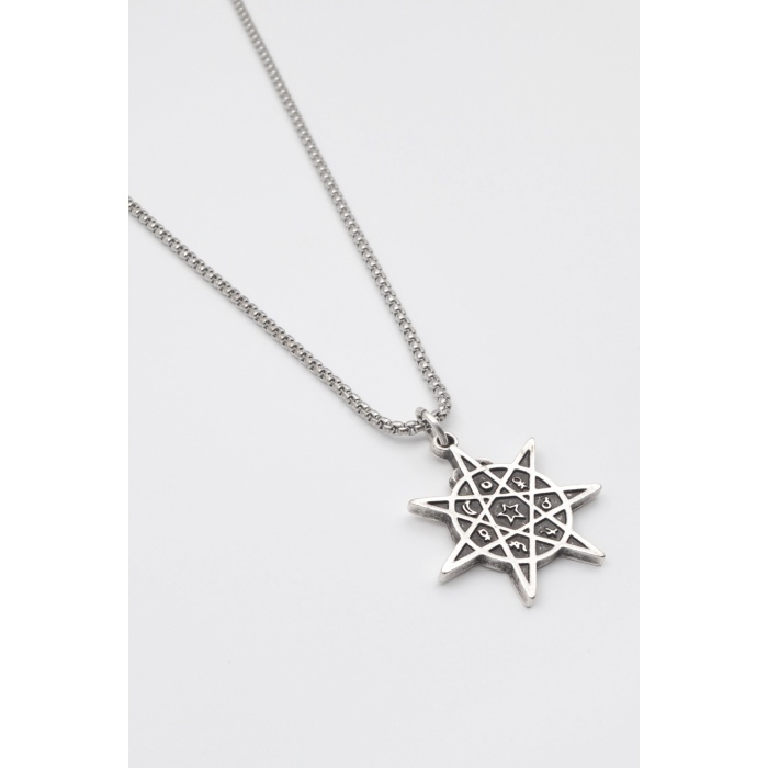 Astroloji 7 Nokta Yıldız Kolye - Örme İthal Zincirli Unisex Gümüş Kaplama Heptagram - 60 cm