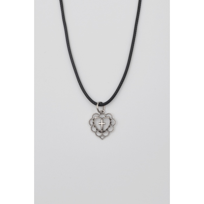 Kalp ve Haç Motifli Kolye - PU Deri İp Zincirli Unisex Gümüş Kaplama - 60 cm